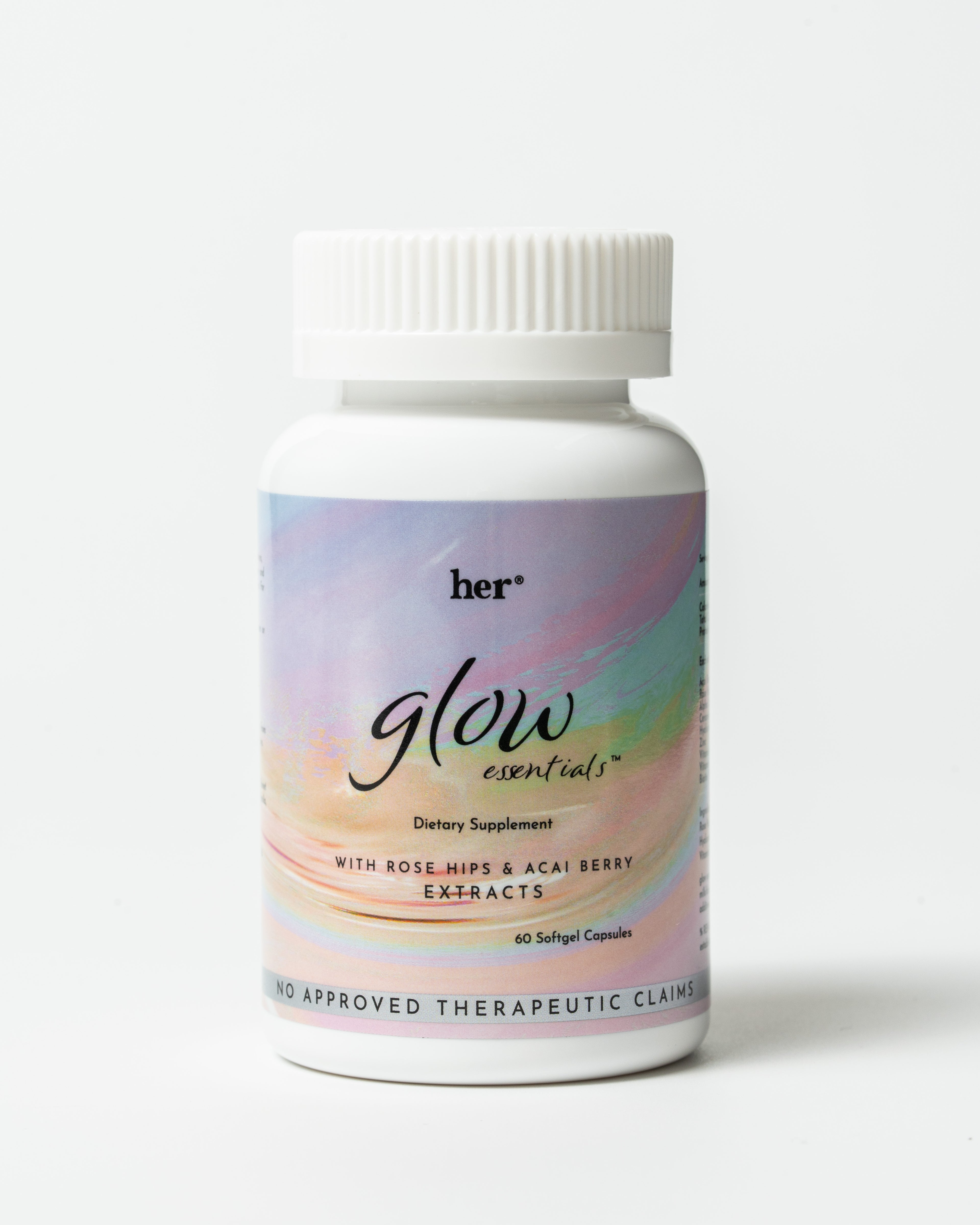 Supplement bottle labeled 'her glow essentials' on a white background